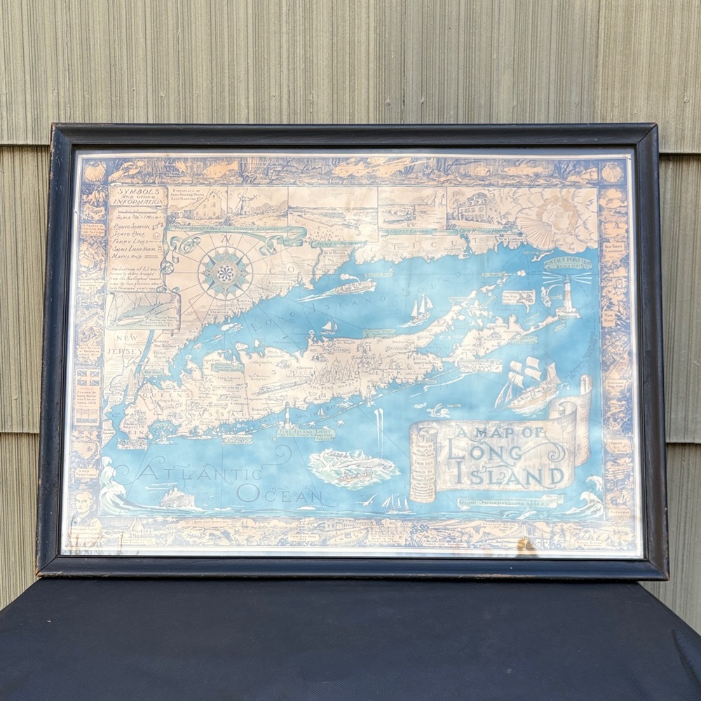 Unique Vintage Blue and Tan Long Island Map Wall Art